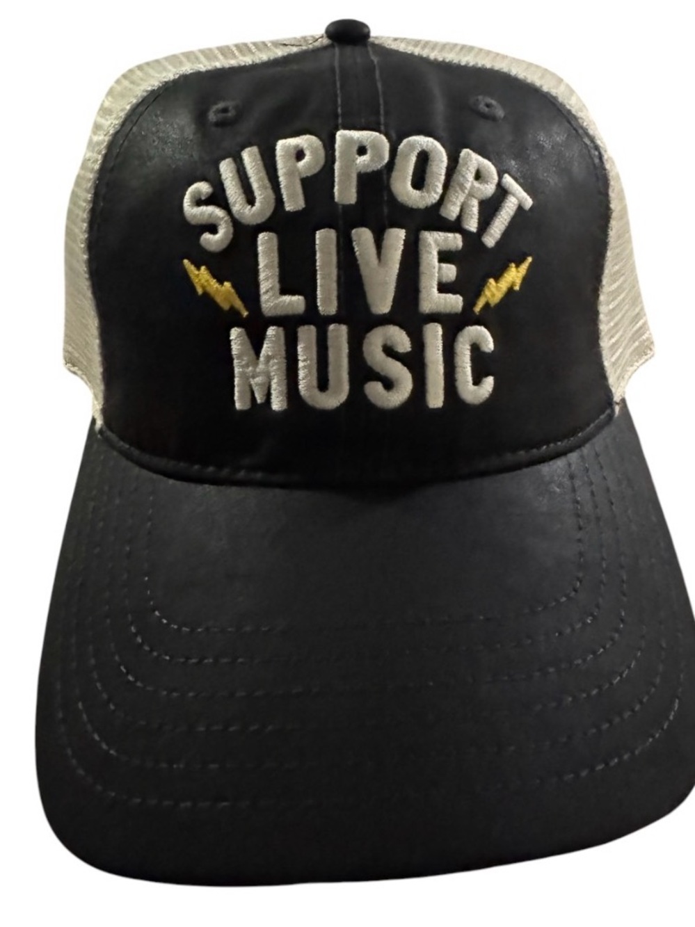 George Black and White 'Support Live Music' Trucker Hat with Gold Accent